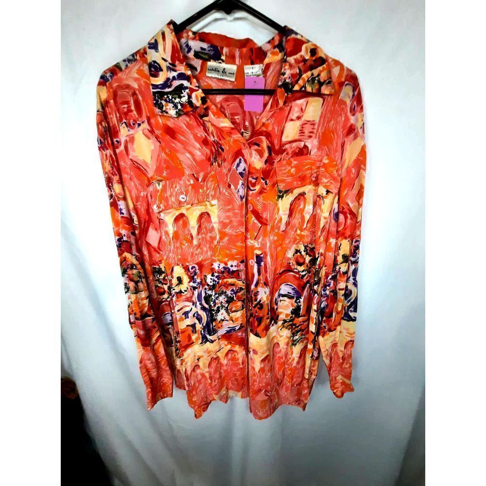Natalie + Me Pure Silk Button Up Floral Watercolor Art Button Front L Large